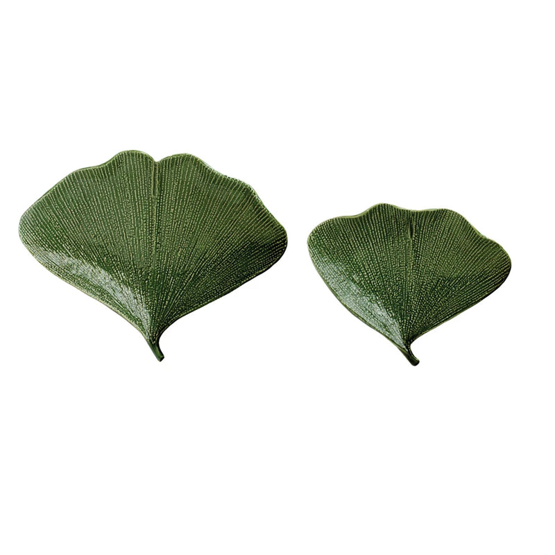Debossed Stoneware Gingko Leaf Shaped Plates, Reactive Glaze